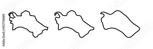 Turkmenistan country black outline silhouettes in three different levels of smoothness. Simplified maps. Vector icons isolated on white background.