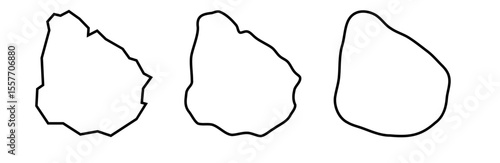 Uruguay country black outline silhouettes in three different levels of smoothness. Simplified maps. Vector icons isolated on white background.