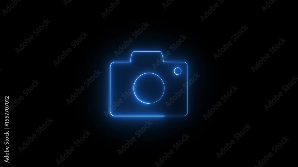 Neon camera icon Luminous signboard camera motion graphics on black background Neon camera icon Luminous signboard camera motion graphics on black background