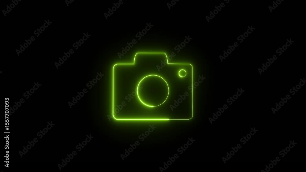 Neon camera icon Luminous signboard camera motion graphics on black background Neon camera icon Luminous signboard camera motion graphics on black background