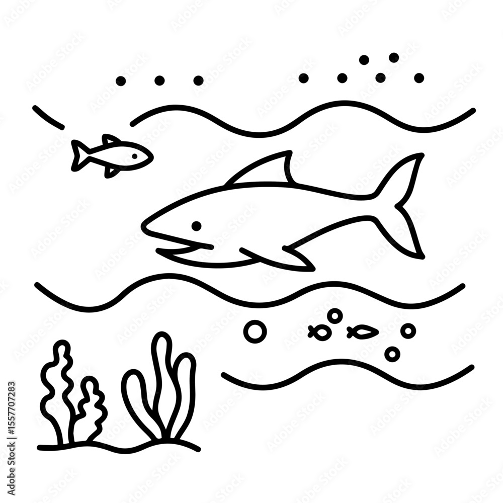 Fototapeta premium Shark awareness illustration with ocean wildlife. Simple line drawing shows shark swimming in water with small fish and seaweed.