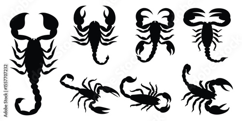 Scorpion Silhouette Icon Set,  Black Vector Graphic Collection On White Background
