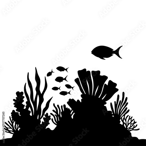 Ocean wildlife silhouette. Shark Awareness Day underwater scene with coral reef, seaweed, and fish.  Perfect illustration for educational materials about Shark Awareness Day.