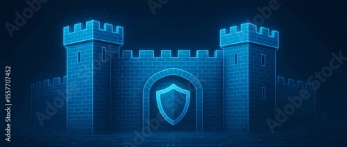 A futuristic digital representation of a castle with a glowing shield, symbolizing security and protection