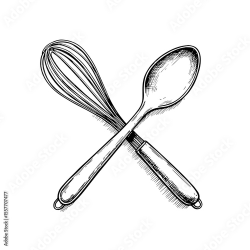 Sweet dessert spoon and whisk crossed. Delicious chocolate dessert preparation tools. World Chocolate Day celebration concept image for culinary blogs, bakery websites, or chocolate shop branding.