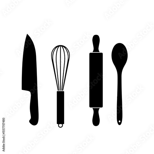 Chocolate Day baking tools set.  Chef knife, whisk, rolling pin, and wooden spoon icons for World Chocolate Day celebration.  Simple baking tools set perfect for bakery logo, website design,