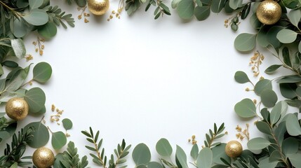 Elegant Christmas frame of greenery and gold ornaments