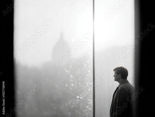 A Man's Contemplative Moment: Lost in Thought by a City Window on a Foggy Day. A Black and White Masterpiece of Solitude and Reflection