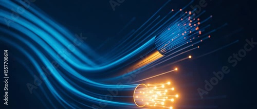 Dynamic abstract image of glowing fiber optic cables transmitting light, showcasing speed and innovation in communication technology.