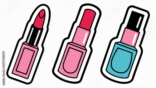 Vector illustration of vibrant beauty products: lipsticks and nail polish in trendy colors, playful design