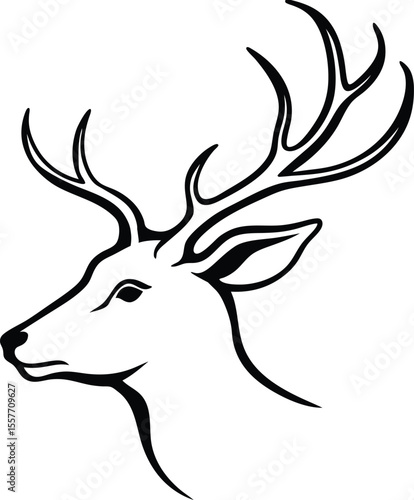 Detailed deer head turning to the right with fine fur and antler structure line art