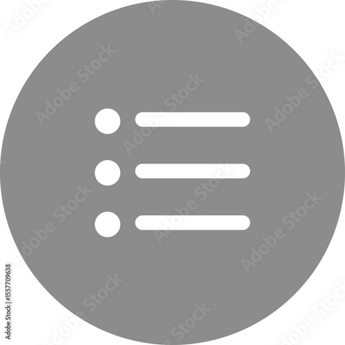 Gray circle containing a white menu icon with three horizontal lines and three small circles 100 char