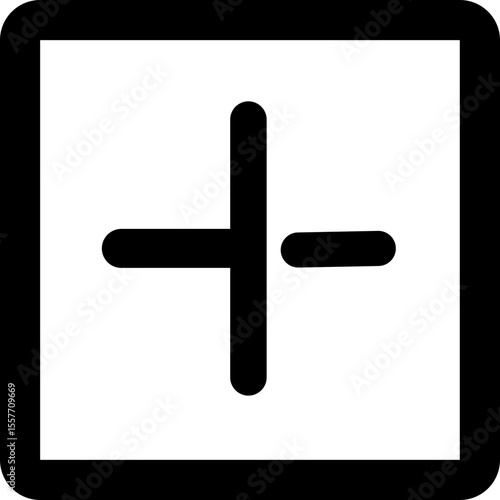 A square containing a plus symbol with a shortened right arm in black and white design icon