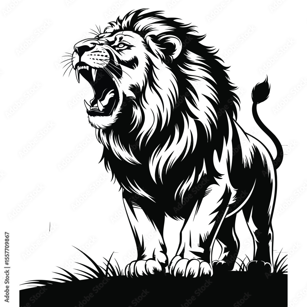Obraz premium Roaring lion silhouette with acacia tree in dramatic black and white digital illustration