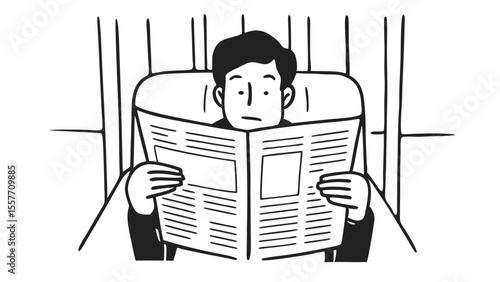 Vector illustration of a man reading a newspaper, minimalist design emphasizing daily life and news