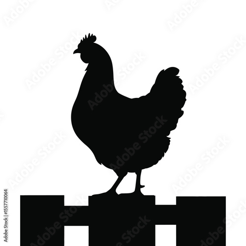 Rooster silhouette standing on wooden fence in minimalist black and white design