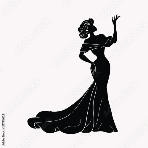 Black and White Elegant Silhouette of a Woman in a Luxurious Gown