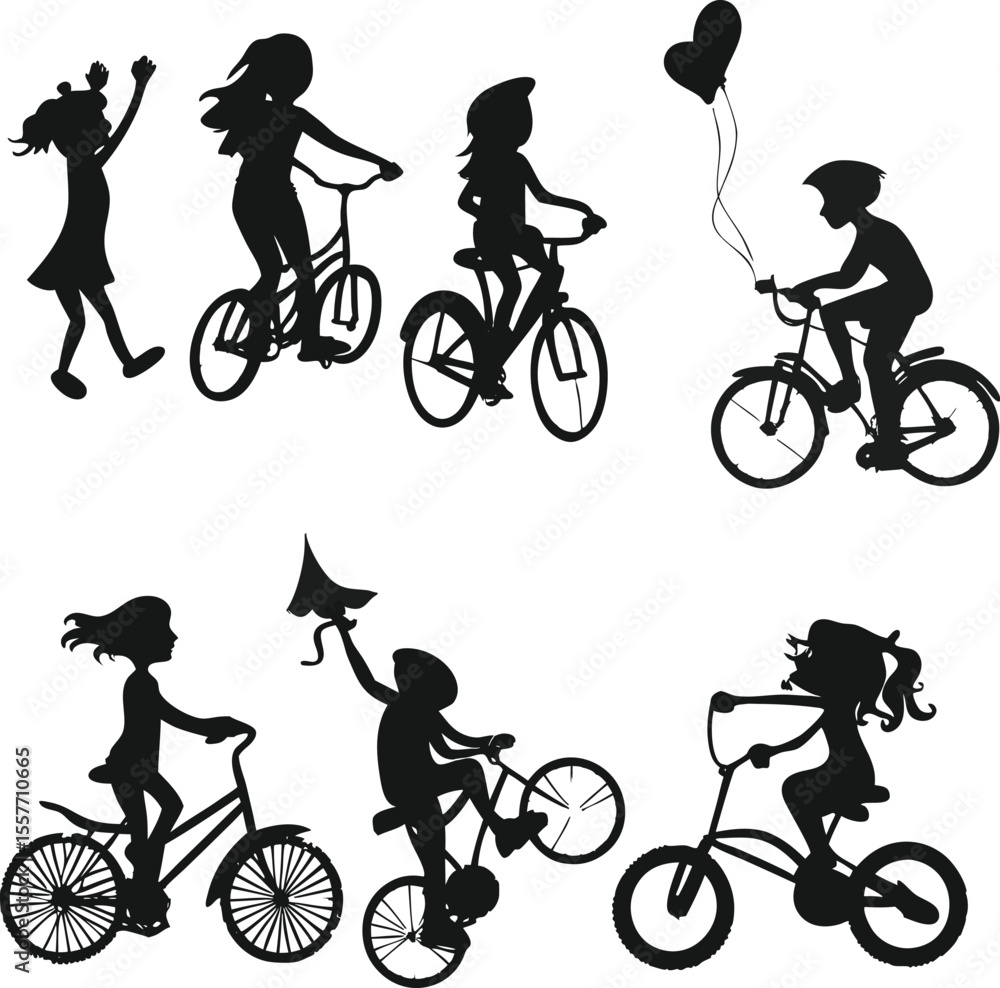 Fototapeta premium Silhouettes of children enjoying bicycle rides with creative and playful activities