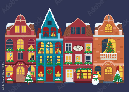 Vector illustration of european winter town. Flat design. Old houses.