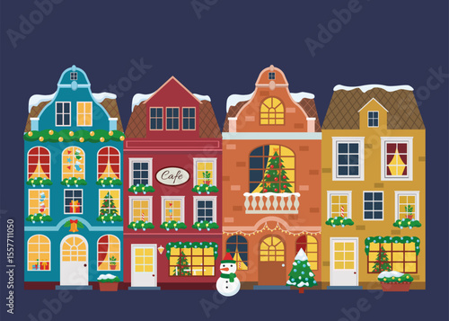 Vector illustration of european winter town. Flat design. Old houses.