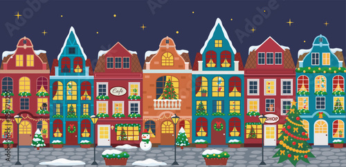Vector illustration of european winter town. Flat design. Old houses.