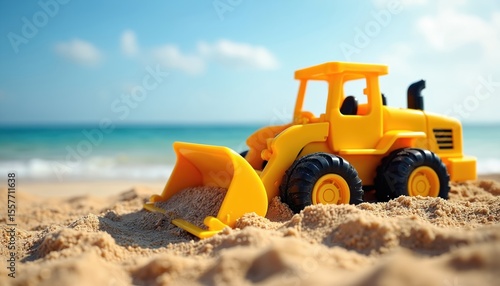Yellow bulldozer toy rests sand beach. Clear blue ocean, sky on vacation. Plastic toy, child game. Construction, dig, scoop, summer vacation, leisure time.