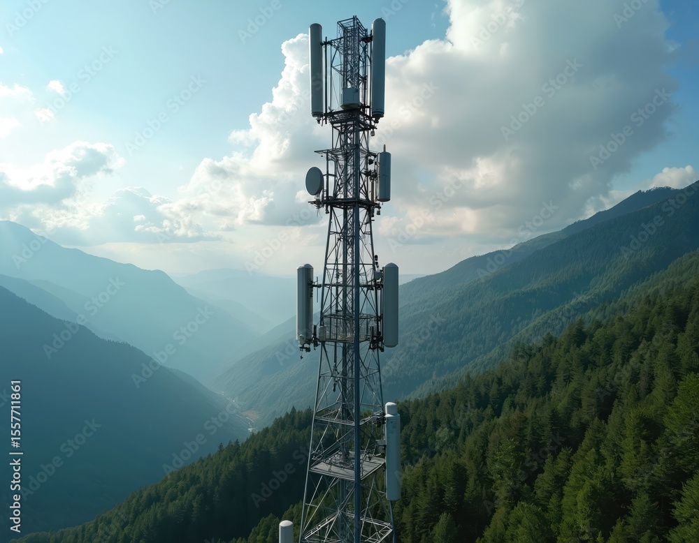 Naklejka premium Aerial drone view of GSM and radio telecommunication tower in mountains under blue sky. Cell phone tower, base transceiver station. Wireless communication antenna transmitter in green forest.