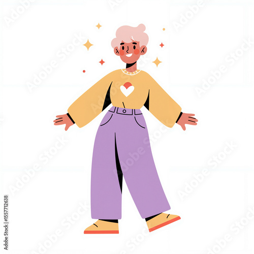 A non-binary person joyfully wears vibrant outfits, surrounded by sparkling stars in a minimalist style