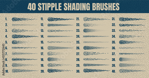 Ink scatter brush, stipple drawing and texturing. Fading gradient. Stippling, dotwork drawing, shading using dots. Halftone disintegration effect. White noise grainy texture. Vector illustration
