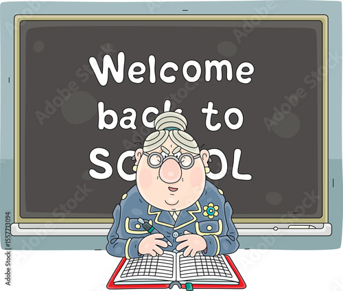 Welcome back to school card with a grumbling and strict school old teacher with an open class register near a classroom blackboard, vector cartoon illustration on a white background