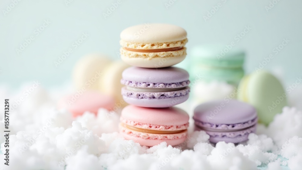 Fototapeta premium Pastel Macarons Stack on Light Background – Elegant French Dessert Concept
