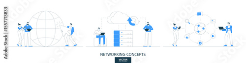 Cloud storage service, online work illustrations set in thin line style. Global digital server abstract linear vector design concepts. Network security flat icons. Business people characters team