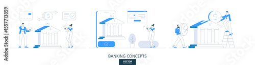 Online money transfer, bank customer support illustrations set in thin line style. Financial transaction service linear vector design concepts. Mobile payment flat icons. Business people team work.
