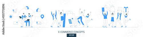 Retail discount illustrations set in thin line style. Happy customer abstract linear vector design concepts. Shopping cart flat icons. Business people characters team work. Payment service, retail app