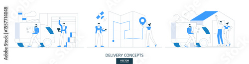 Courier shipment service, logistics illustrations set in thin line style. Fast delivery abstract linear vector design concepts. Parcel, map, transport flat icons. Business people characters team work.