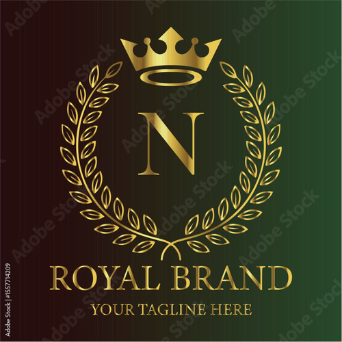 Gold royal brand logo letter N crown laurel