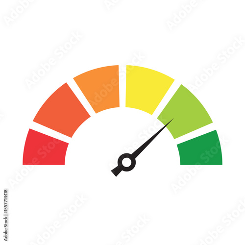 Performance level gauge meter with needle pointing to green zone, showing progress or success on white background