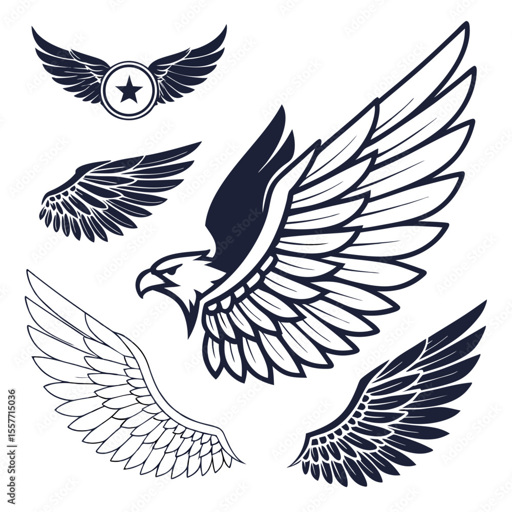 Obraz premium Set of wings icons. Wings icons. Bird wings, angel wings elements. Wing collection in different shape. Wings badges. Vector illustration