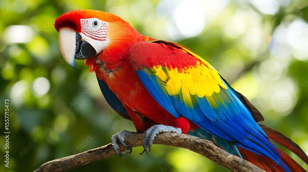 Fototapeta premium Close up of a majestic scarlet macaw with vivid red blue and yellow feathers its eyes keen and focused perched on a branch against a backdrop of green leaves and soft dappled sunlight