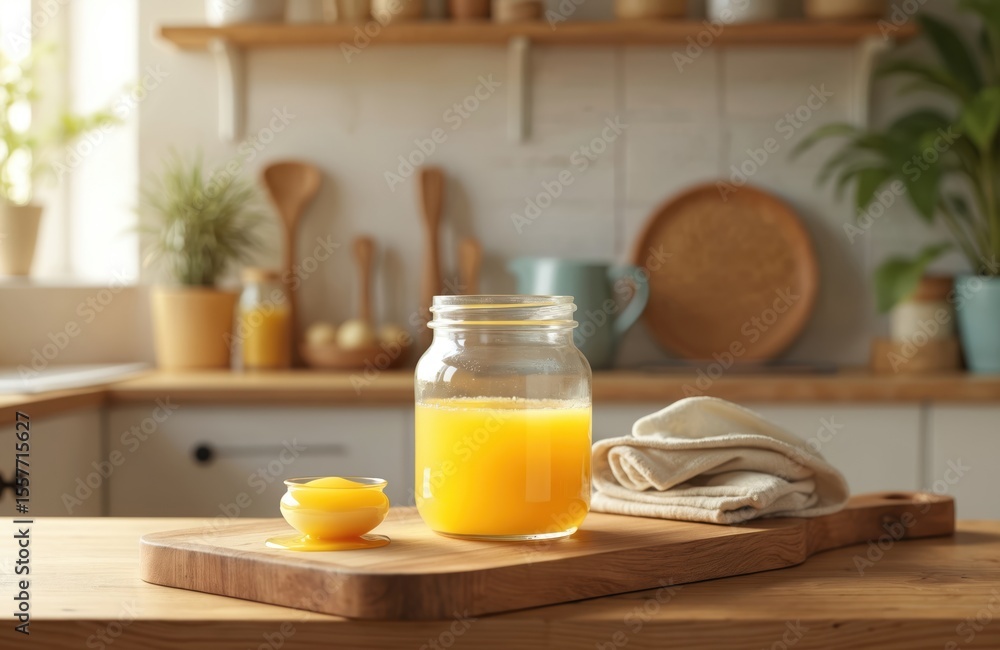 Ghee in glass jar mockup. Bright yellow melted butter product in transparent jar stands on wooden table with towel and small dish. Healthy organic food concept for cooking or cosmetic. Ghee in glass jar mockup. Bright yellow melted butter product in transparent jar stands on wooden table with towel and small dish. Healthy organic food concept for cooking or cosmetic.