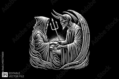 Make a deal with the devil dark art illustration black and white design in black background