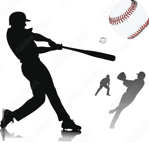 Baseball action illustration depicting batter swinging bat with ball and fielders silhouettes