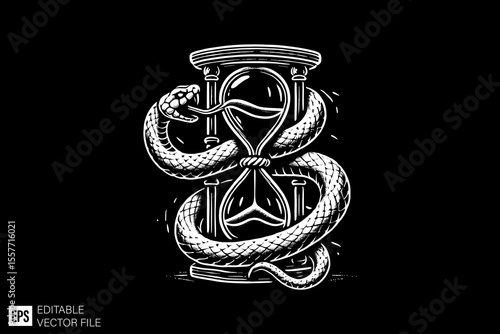 a snake tied in hourglass dark art illustration black and white design in black background