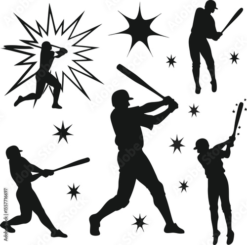 Baseball players silhouettes hitting balls with bats and explosions against white background
