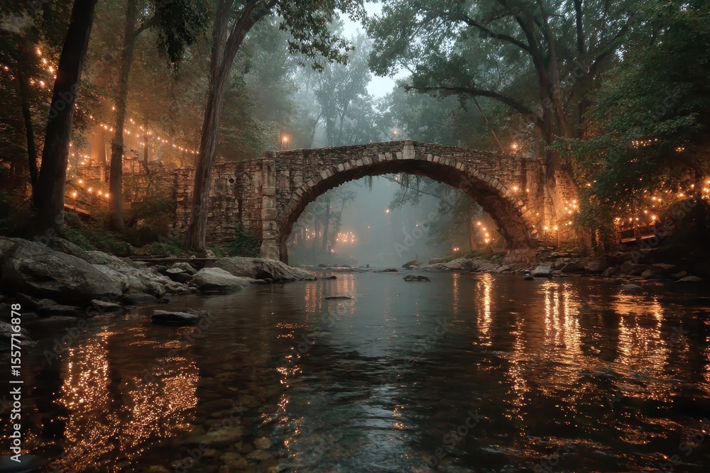 Obraz premium Stone bridge over stream at dusk, illuminated by warm lights