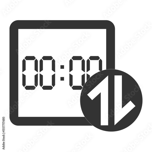 Digital clock displaying zero with a circular download upload arrow icon