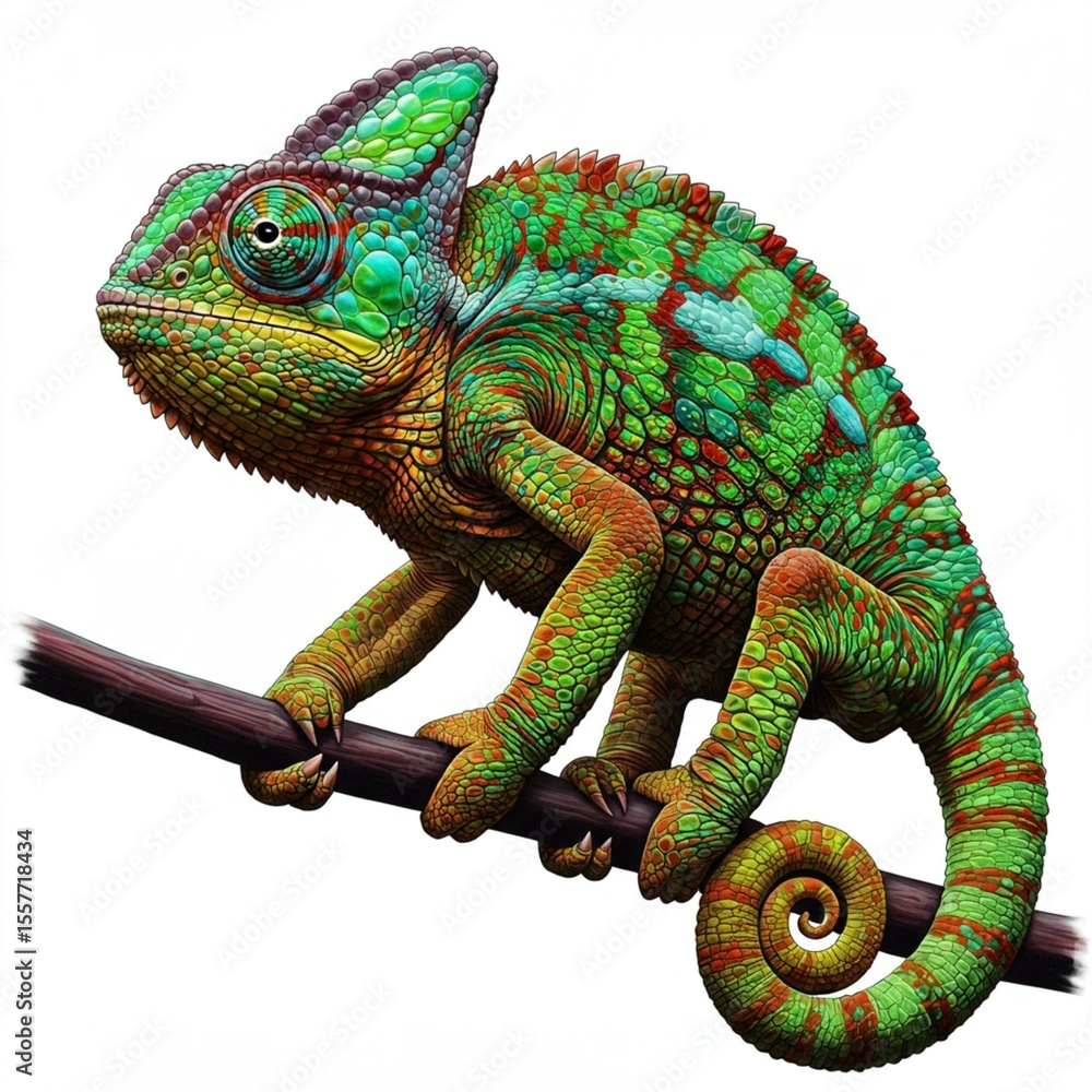 Obraz premium Vibrant Chameleon on Branch Detailed Reptile Illustration Lizard Animal