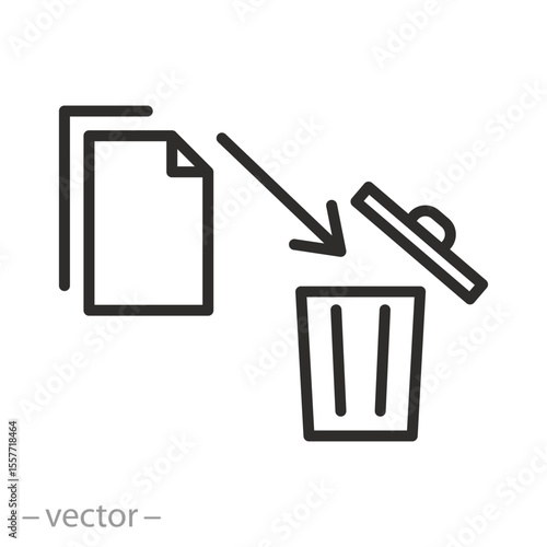 delete file and basket, information send to trash bin, delete data icon, document folder with trash can, thin line symbol on white background - editable stroke vector illustration