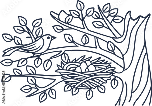 Bird perched on branch beside nest with eggs, spring tree with leaves, nature and wildlife illustration