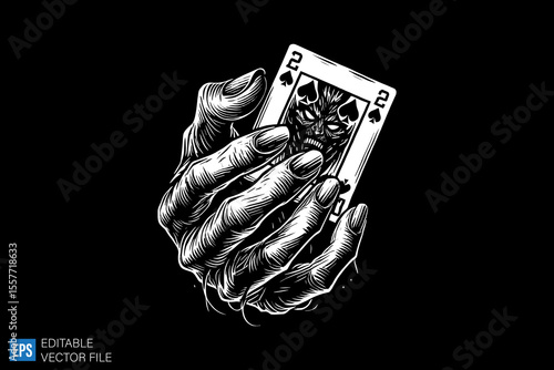a hand holding gamble dice and card dark art illustration black and white design in black background